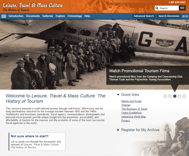Screenshot of the Leisure, Travel & Mass Culture: The History of Tourism homepage.
